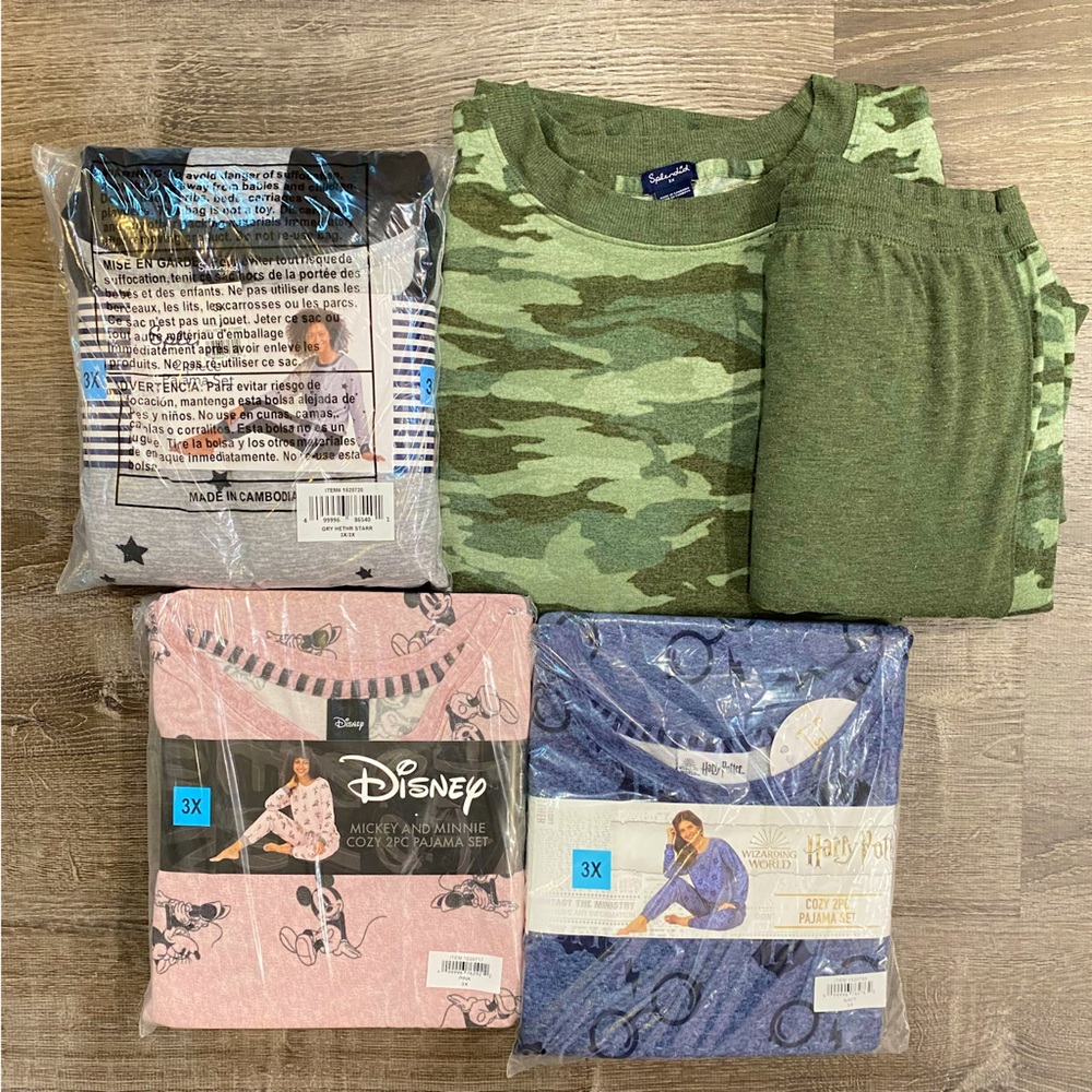 NWT Womens Cozy 4 Pajama Set’s (8pc Total) 3XL Harry Potter, Disney Minnie Mouse